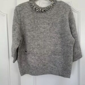 Zara Heather Gray Fuzzy Crewneck Sweater with Front Pockets